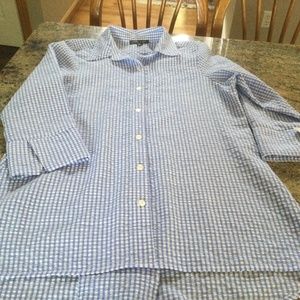 Women's Boho Chic Blue & White checked Gingham 3/4 sleeve Blouse  size Med